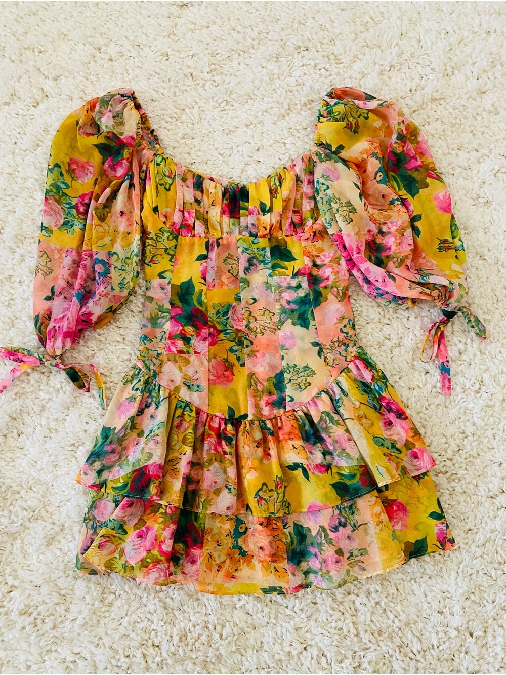 For Love & Lemons Nina Floral Tiered Dress in Yellow & Pink - Picture 2 of 7